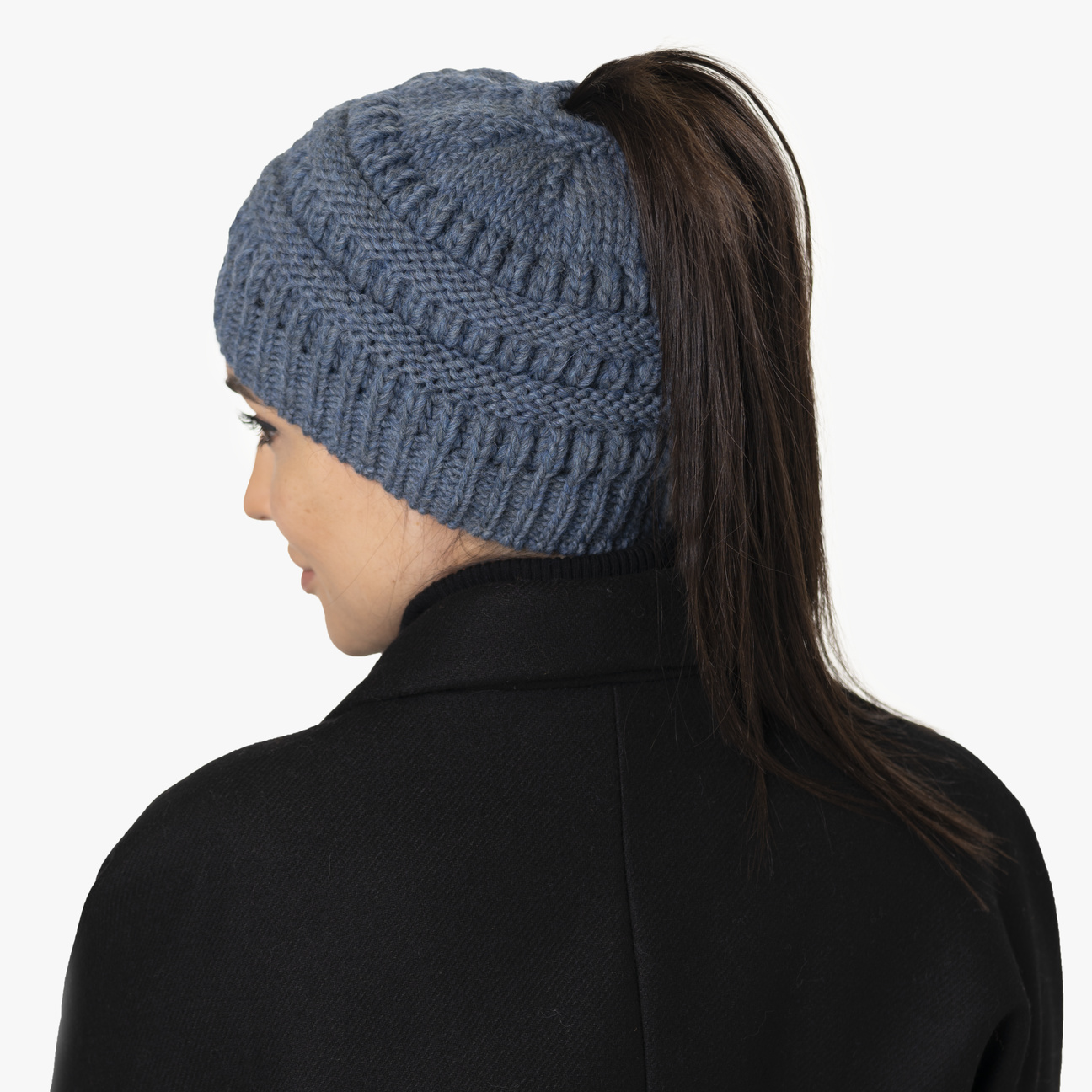 Femme Queue De Cheval Extensible Tricot Crochet calottes Beanie Queue désordonné Soft Bun Hat 