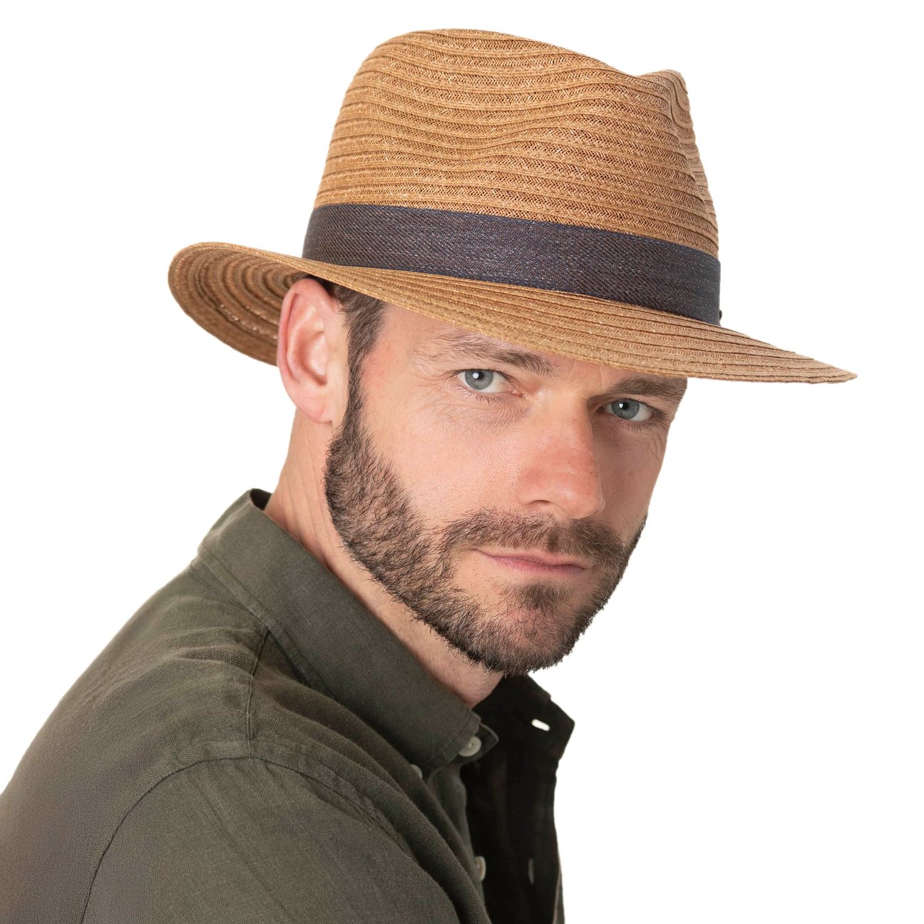 Chapeau En Paille Stetson Traveller – Large Bord 7,5 Cm, Hauteur 12 Cm – Bandeau En Cuir, Marque Métal – été, Plage, Vacances – Unisexe